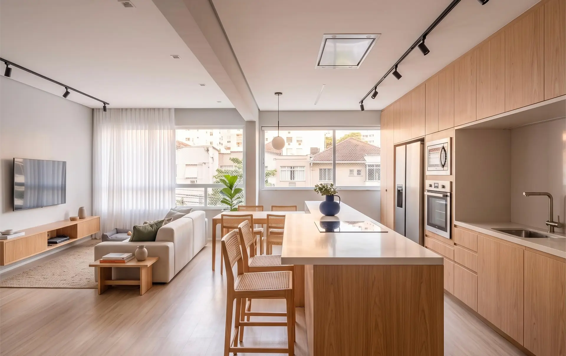 Cozinha integrada à sala de estar com ilha central e marcenaria em madeira, projeto de arquitetura residencial