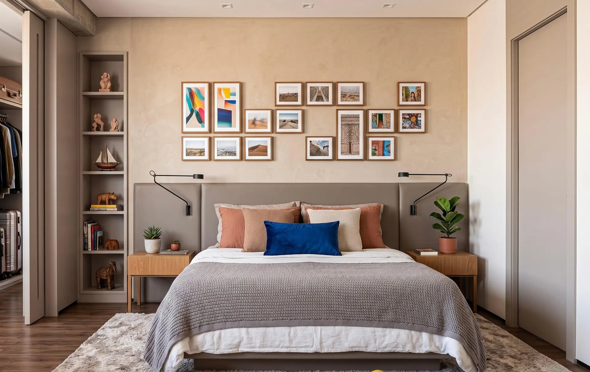Quarto de casal com closet integrado e composição de quadros, projeto de interiores residencial