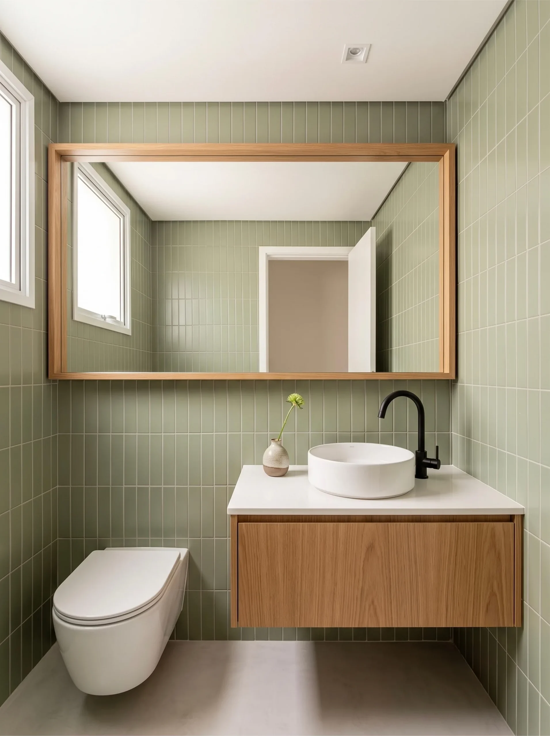 Lavabo com azulejo verde retangular, espelho emoldurado em madeira e cuba redonda de apoio.