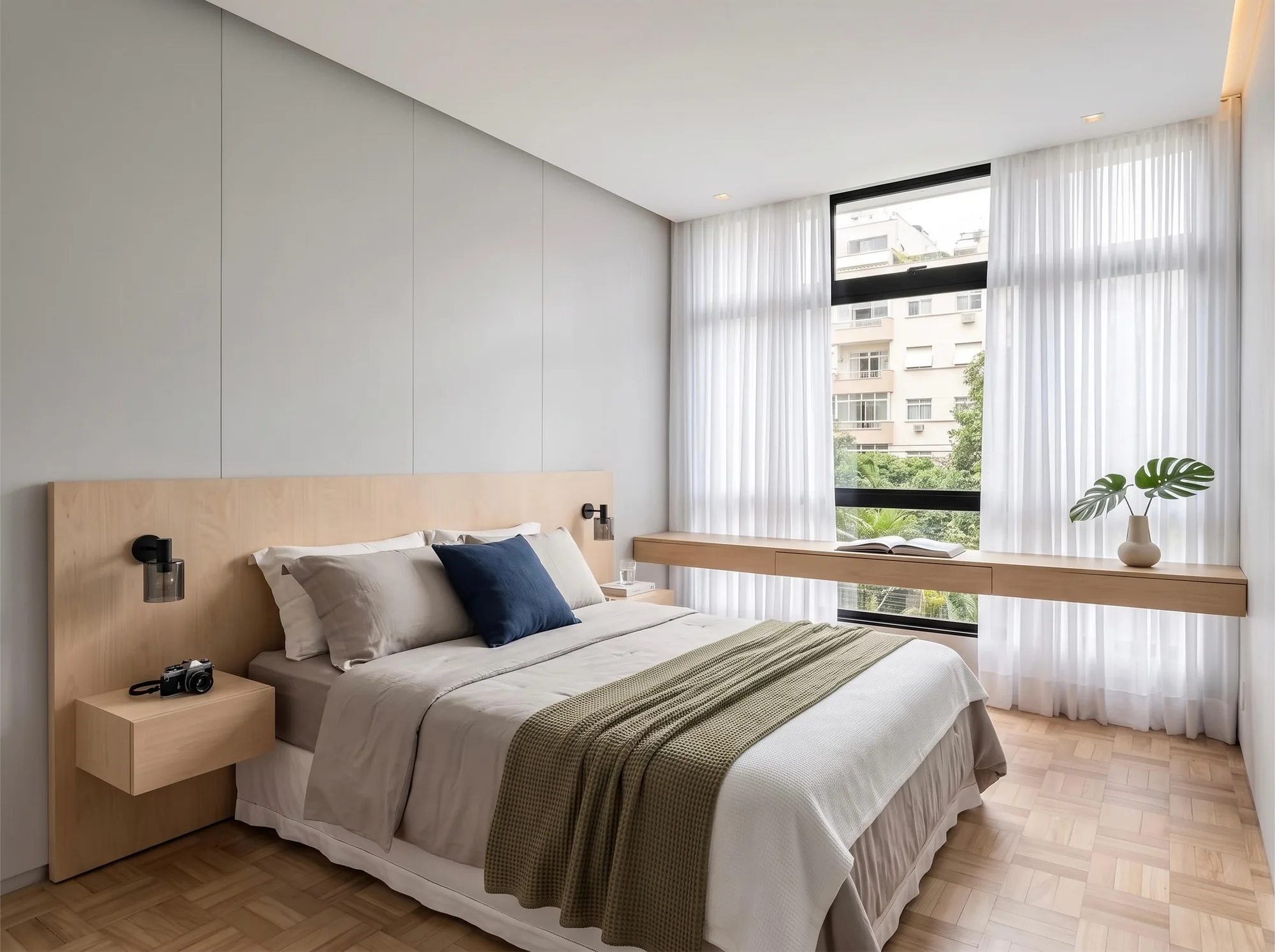 Suíte com cabeceira em madeira clara, roupa de cama neutra e bancada corrida sob a janela.
