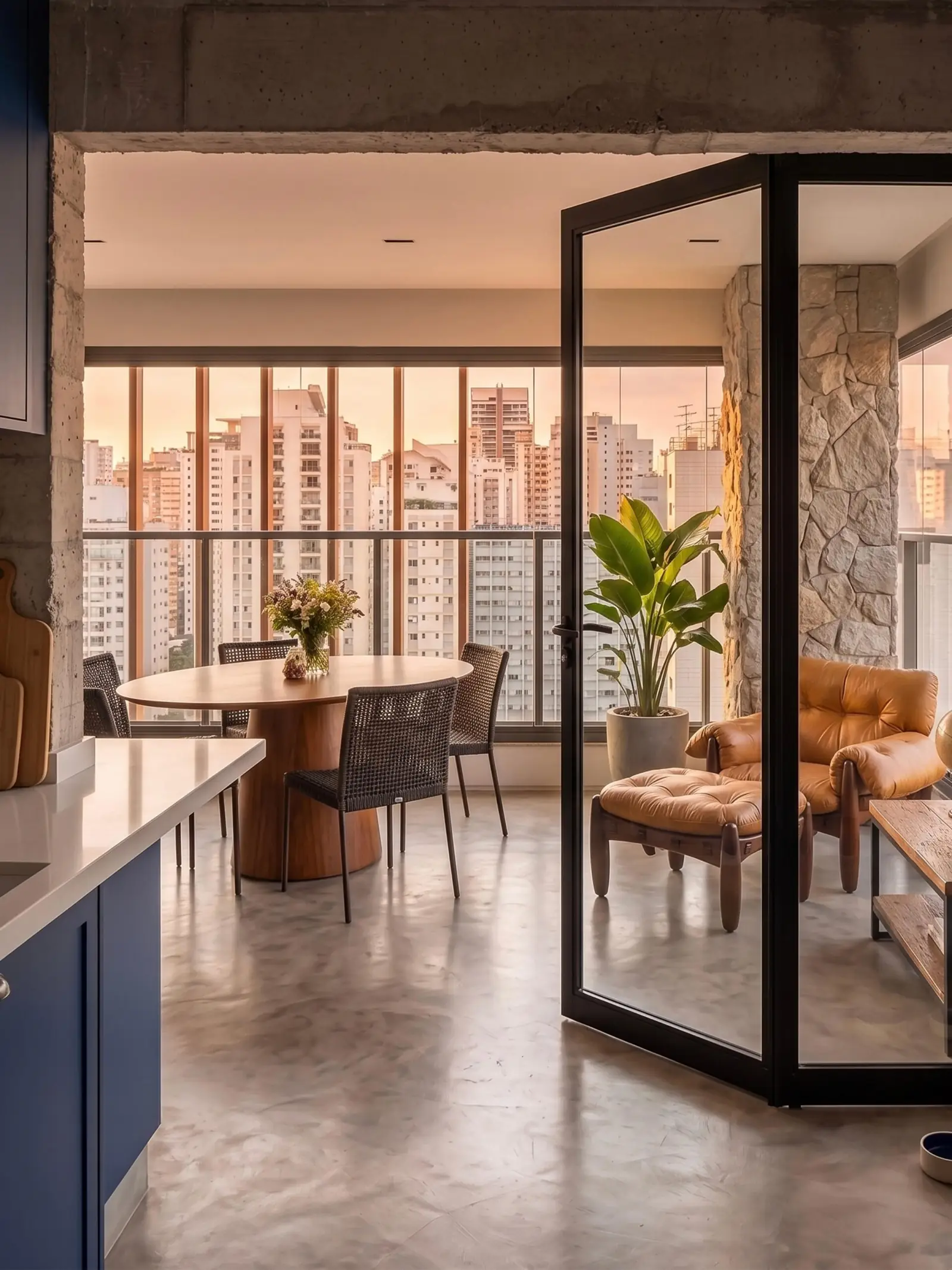 Reforma do Apartamento Mundos: varanda com vista para a cidade ao entardecer