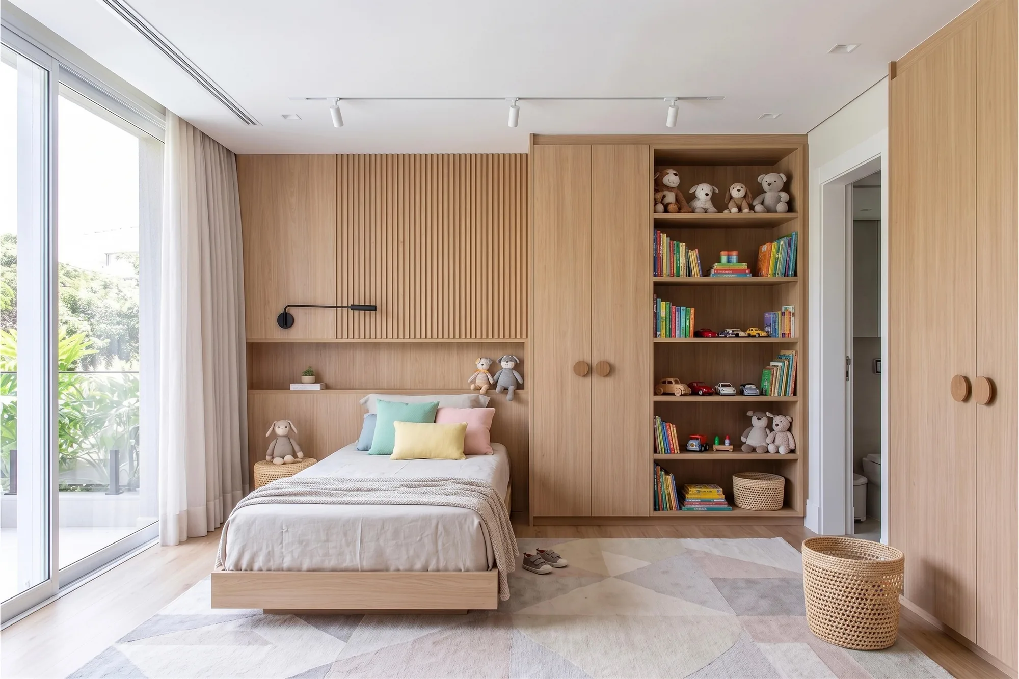 Quarto infantil com marcenaria clara, estante aberta com brinquedos e livros organizados e almofadas em tons pastel