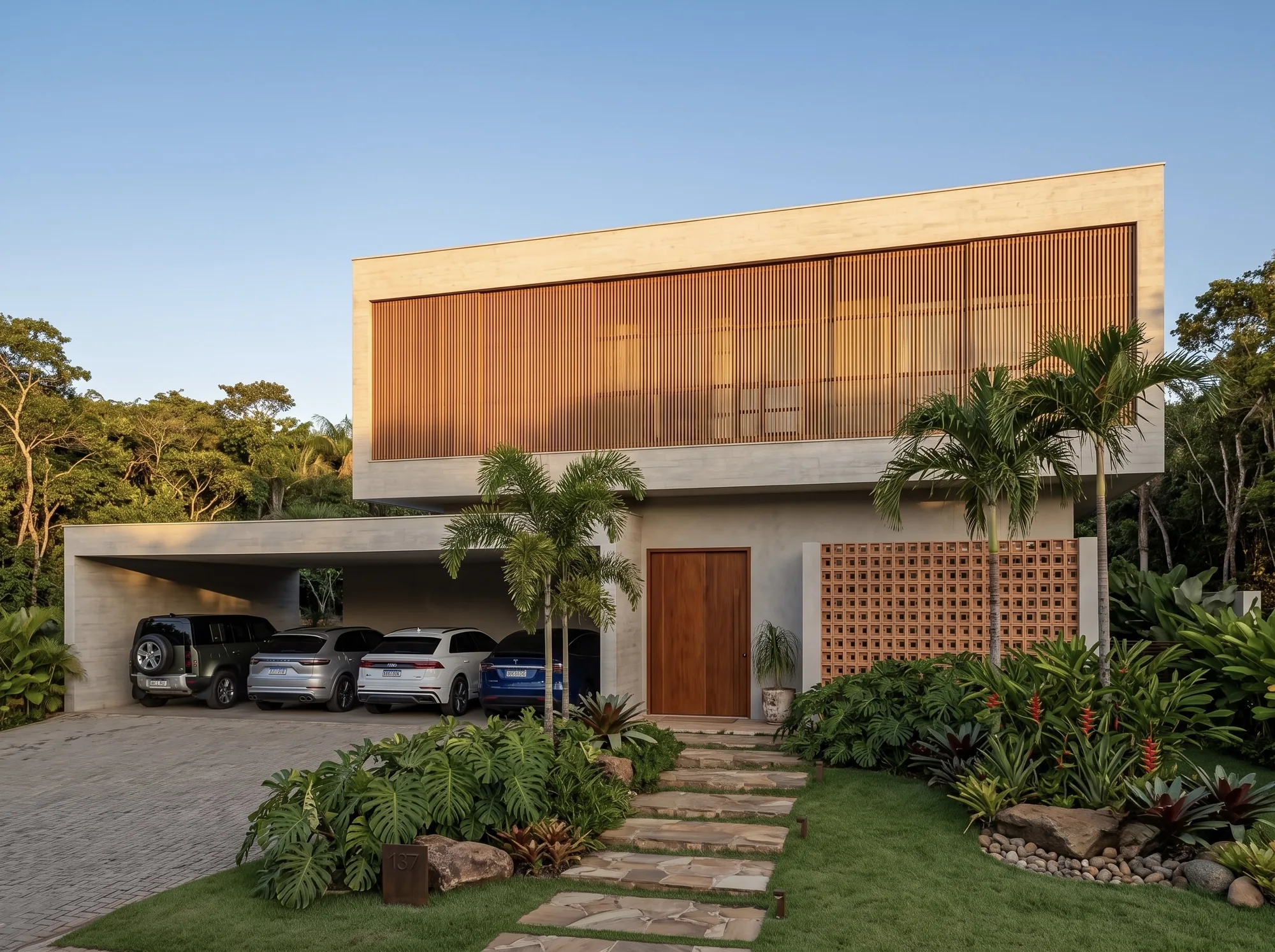Fachada frontal de casa com garagem coberta para quatro carros e jardim tropical