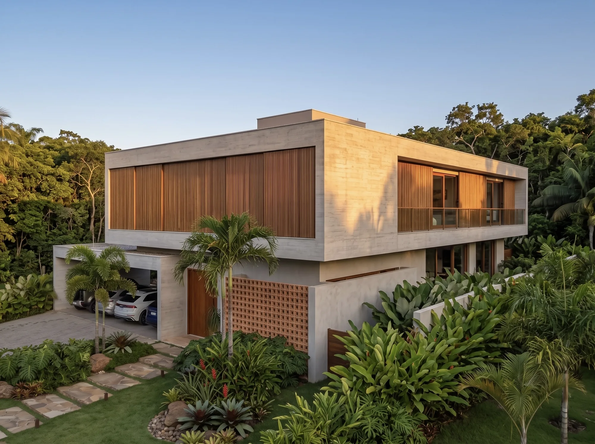 Vista lateral elevada de casa de dois pavimentos cercada por vegetação
