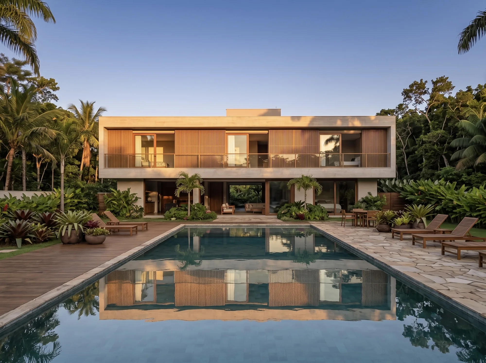 Fachada de fundos de casa com piscina retangular e deck de madeira