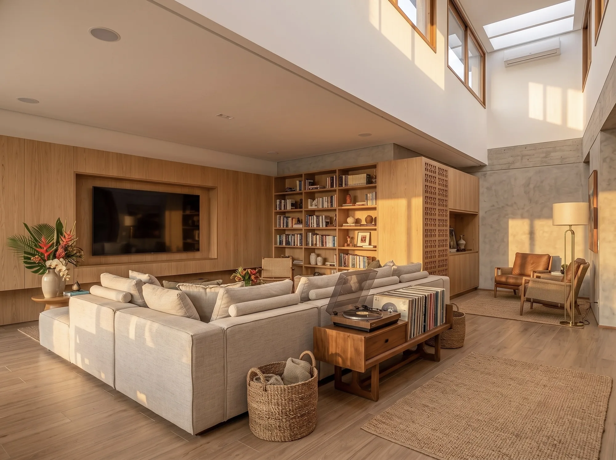 Sala de estar com sofá modular, estante de madeira e pé-direito duplo