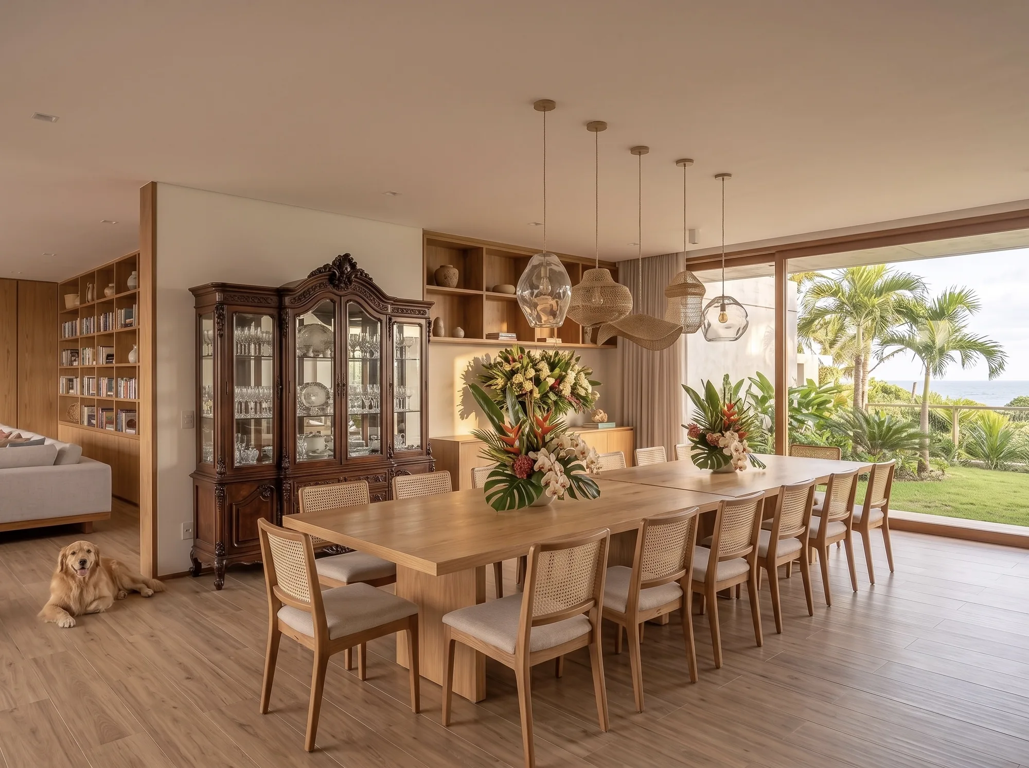 Sala de jantar com mesa longa, pendentes variados e vista para o jardim